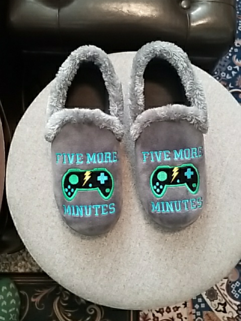 Boy House ShoseKids Gray Plush Slippers with Gaming Design - "Five More Minutes"
